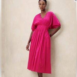 Banana Republic Fuchsia Pink Voile Elbow-Sleeve Midi Dress Size XL